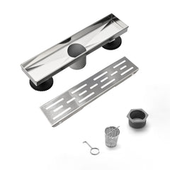12 Inch Linear Shower Drain with Removable Brick Patterned Grate Cover, 304 Stainless Steel Shower Floor Drain with Hair Strainer and Leveling Feet