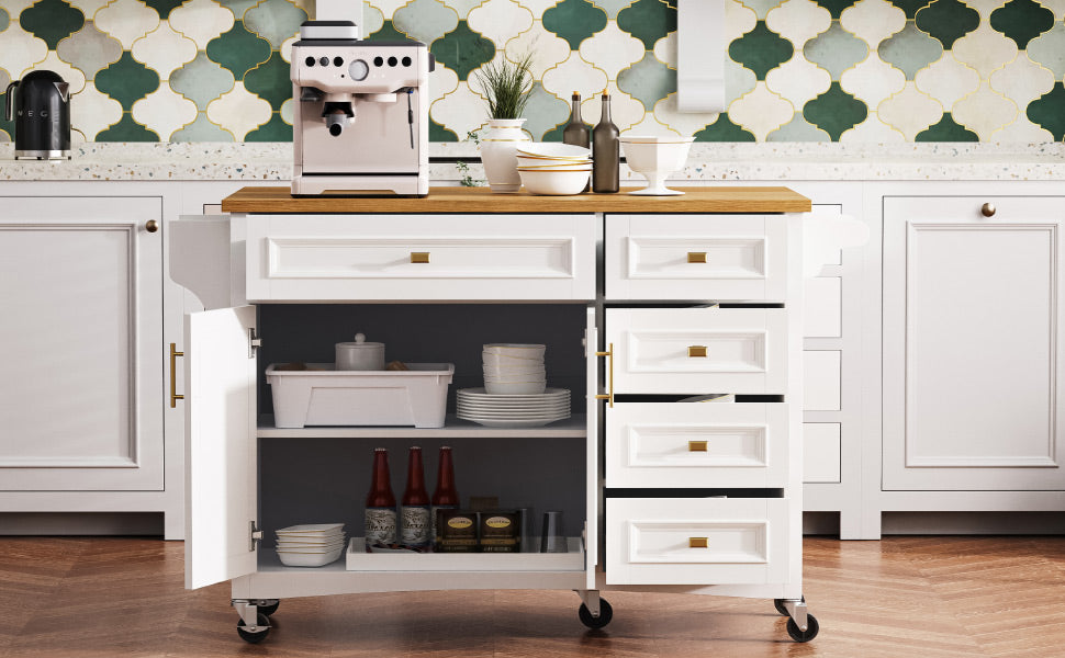 K&K 52'' Kitchen Island with Drop Leaf, Embossed Texture Kitchen Island on Wheels with Spice Rack, Towel Rack, 2 Doors and 5 Drawers, Kitchen Storage Cart with Adjustable Shelf for Kitchen, White