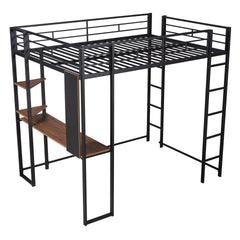 Full Size Metal Loft Bed with 2 Shelves and one Desk ,Black