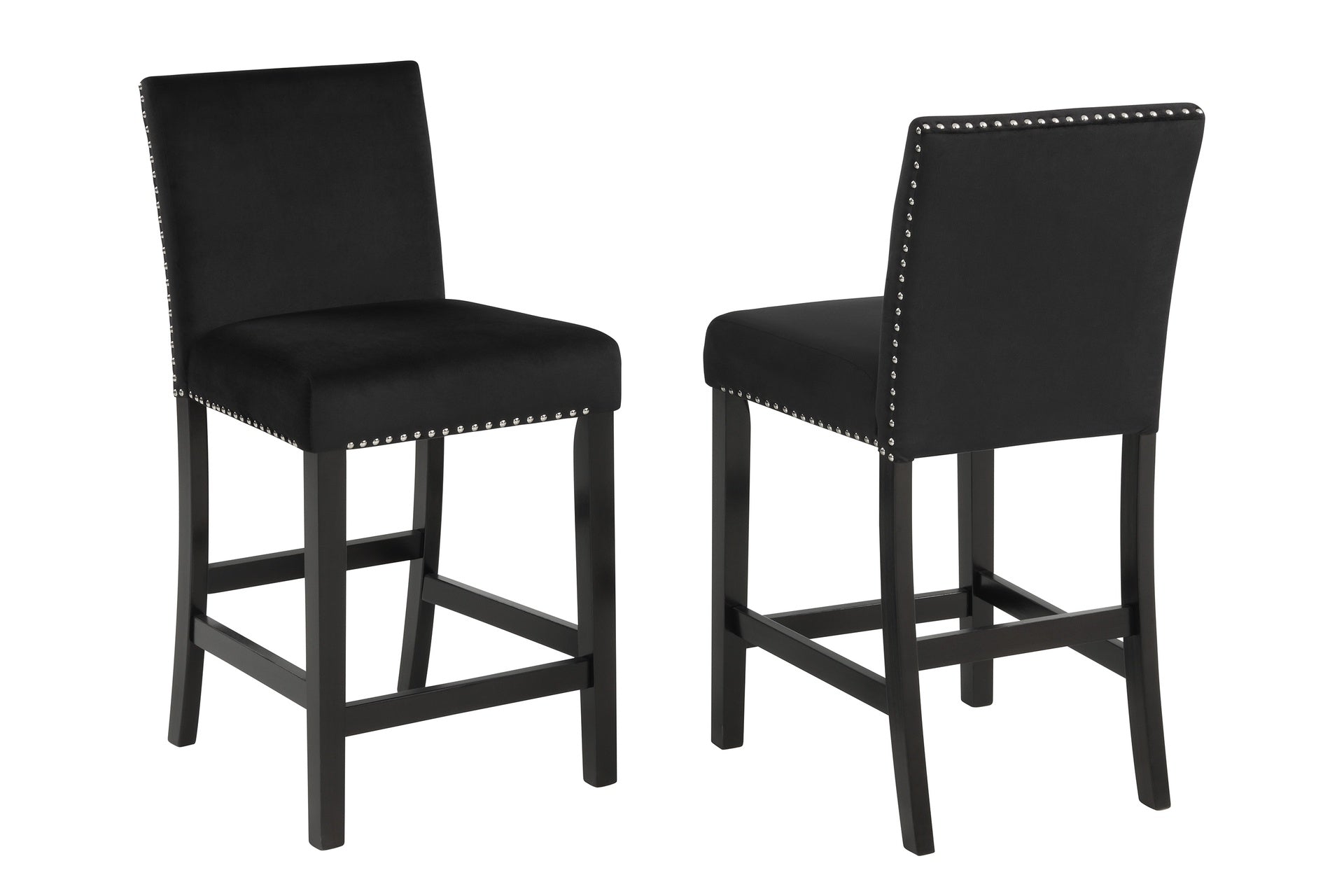 5pc Counter Height Dining Set Square White Faux Marble Table Black Velvet Upholstered Tufted Nail Head Chairs Wooden Leg Dining Room Furniture Black