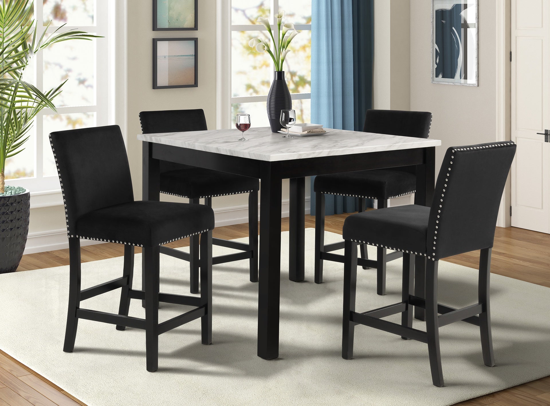 5pc Counter Height Dining Set Square White Faux Marble Table Black Velvet Upholstered Tufted Nail Head Chairs Wooden Leg Dining Room Furniture Black