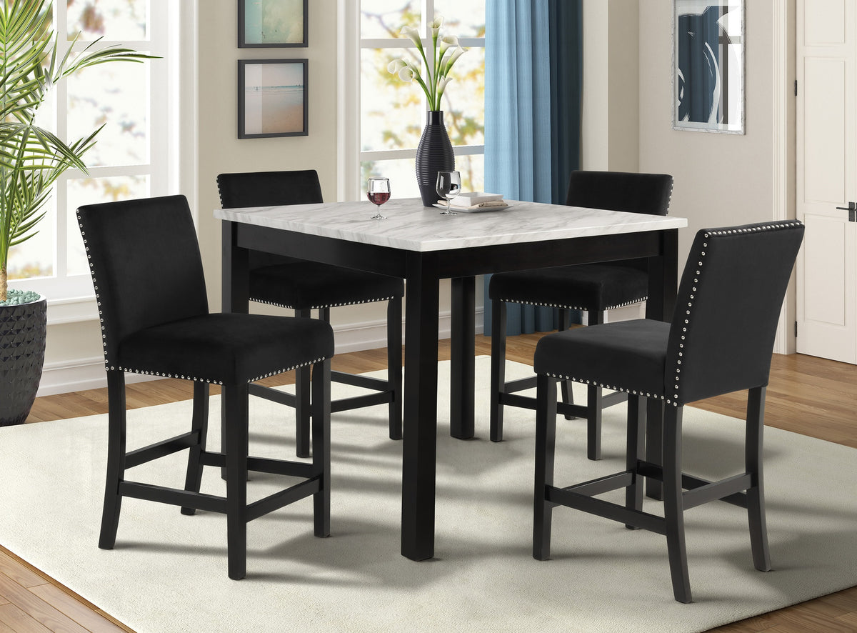5pc Counter Height Dining Set Square White Faux Marble Table Black Velvet Upholstered Tufted Nail Head Chairs Wooden Leg Dining Room Furniture Black