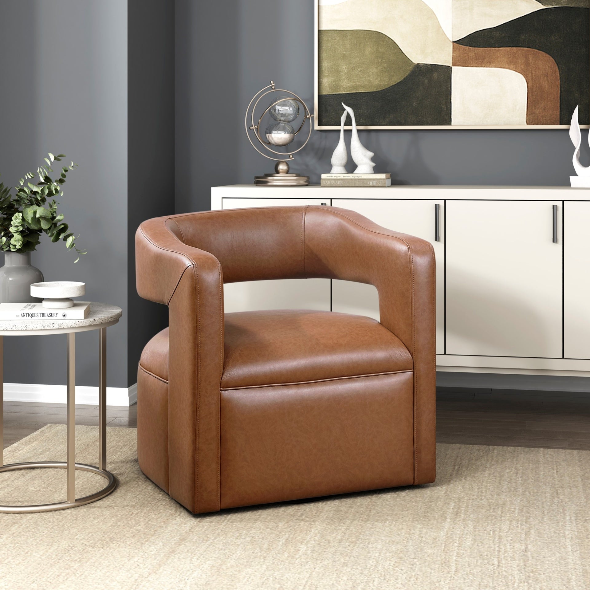 Modern Accent Chair 1pc Faux Leather Upholstery Metal Swivel Base Contemporary Living Room Furniture Luxurious Comfort Barrel Back