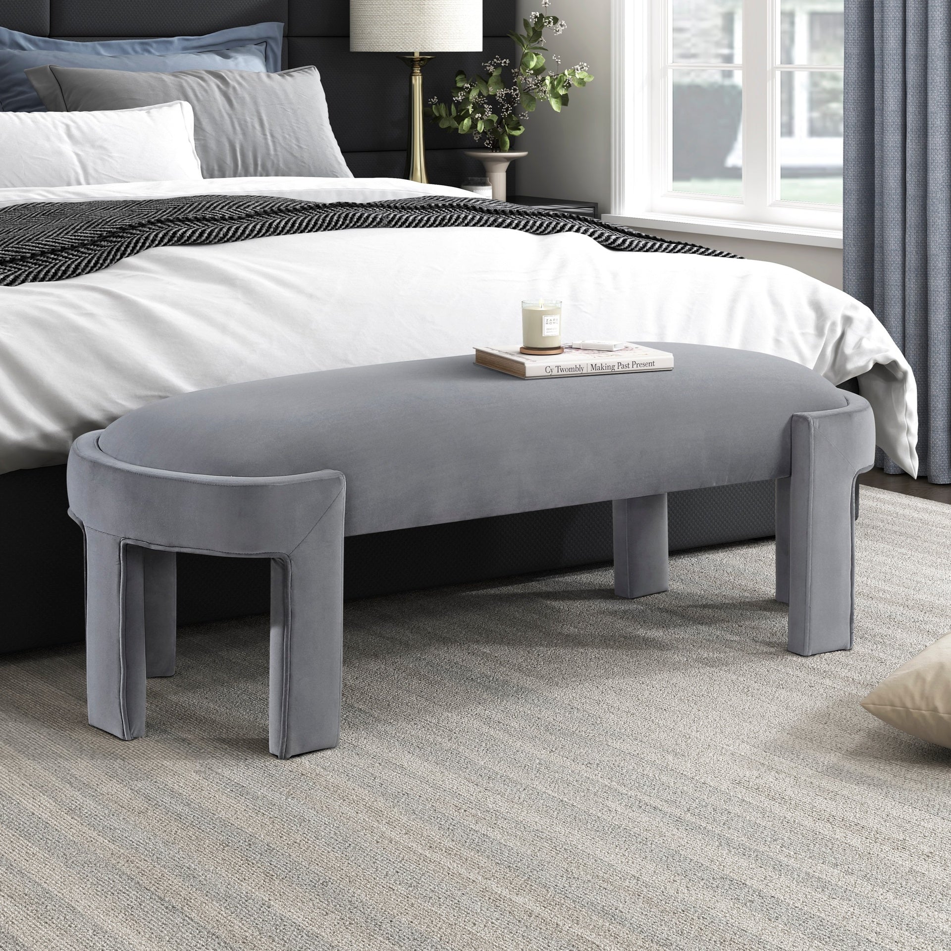 Stylish Upholstered Bench Gray Velvet Fabric Foam Cushioned Seat Luxurious Comfort Home Furniture 1pc Durable Plywood Frame Entryway Bench