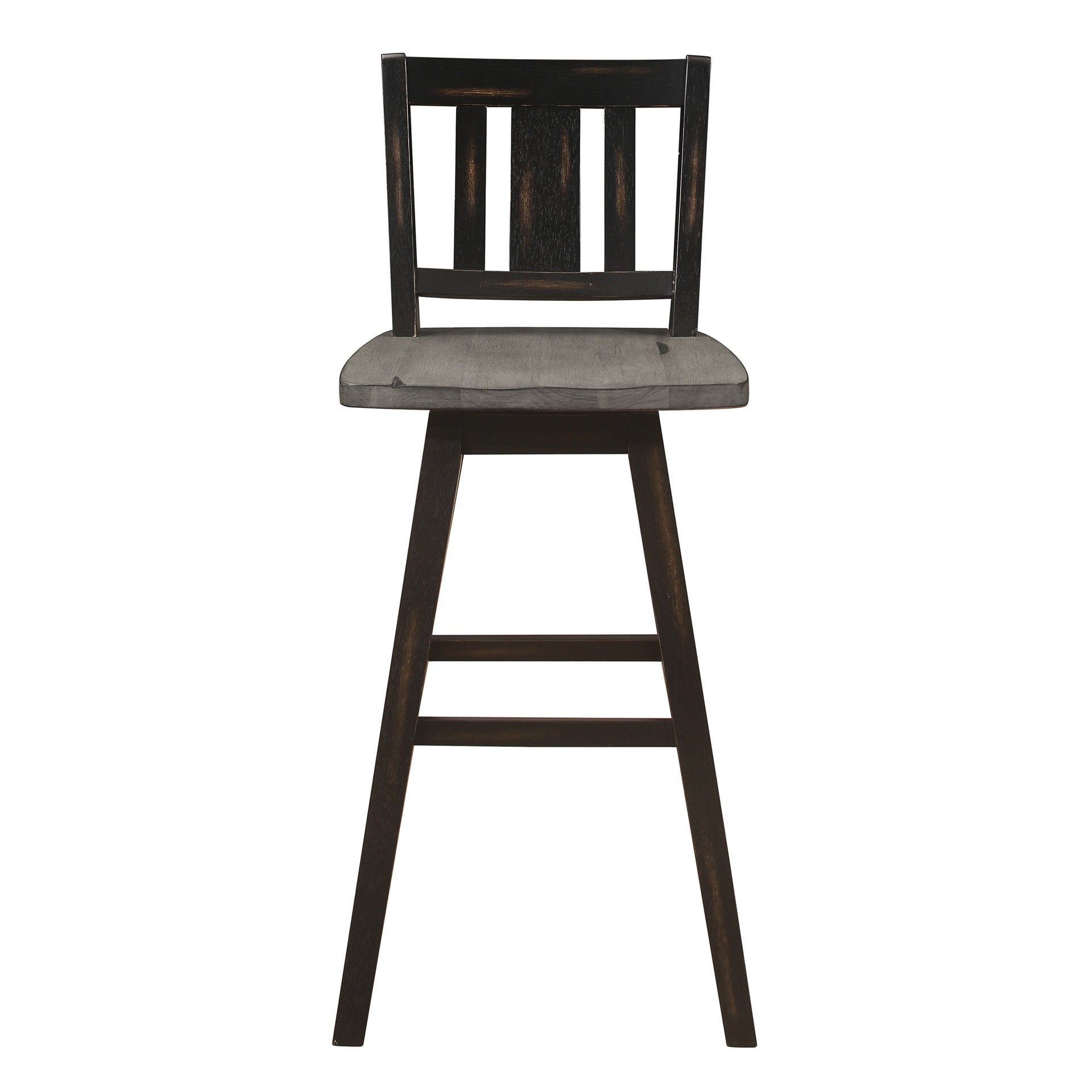 Pub Height Chairs Set of 2, Distressed Gray and Black 360-degree Swivel Chair Solid Rubberwood Furniture, Vertical Slat Back Bar Chairs