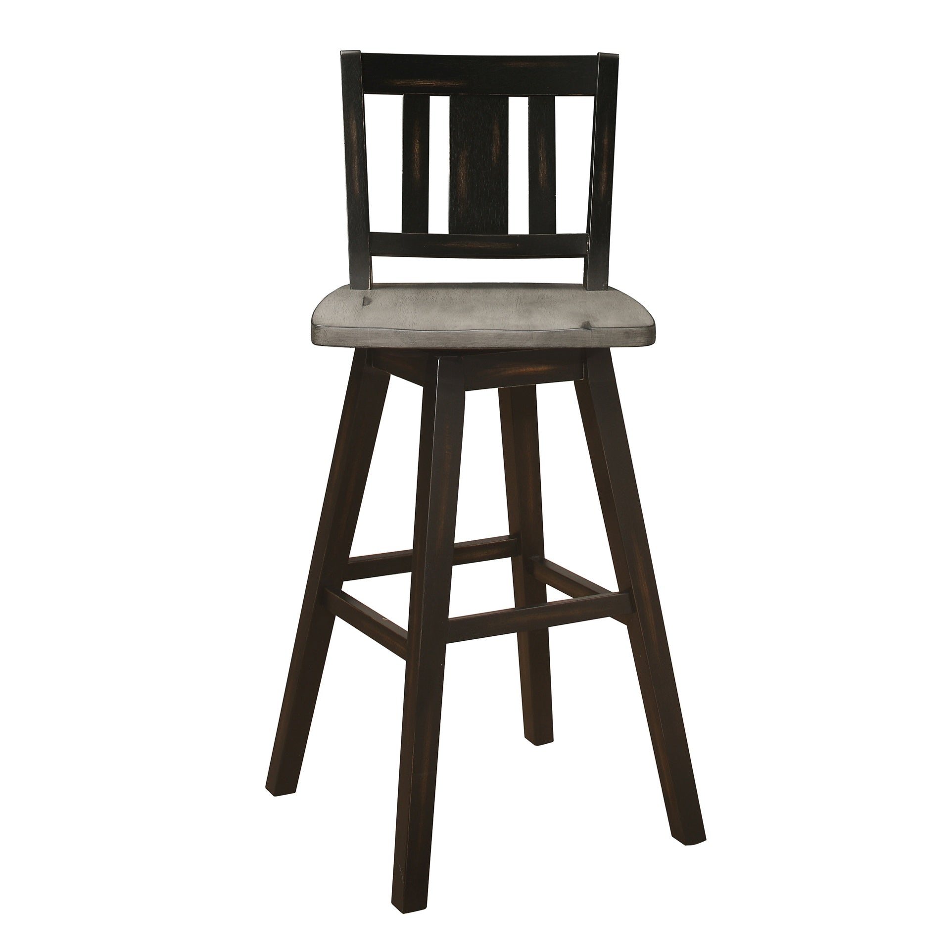 Pub Height Chairs Set of 2, Distressed Gray and Black 360-degree Swivel Chair Solid Rubberwood Furniture, Vertical Slat Back Bar Chairs