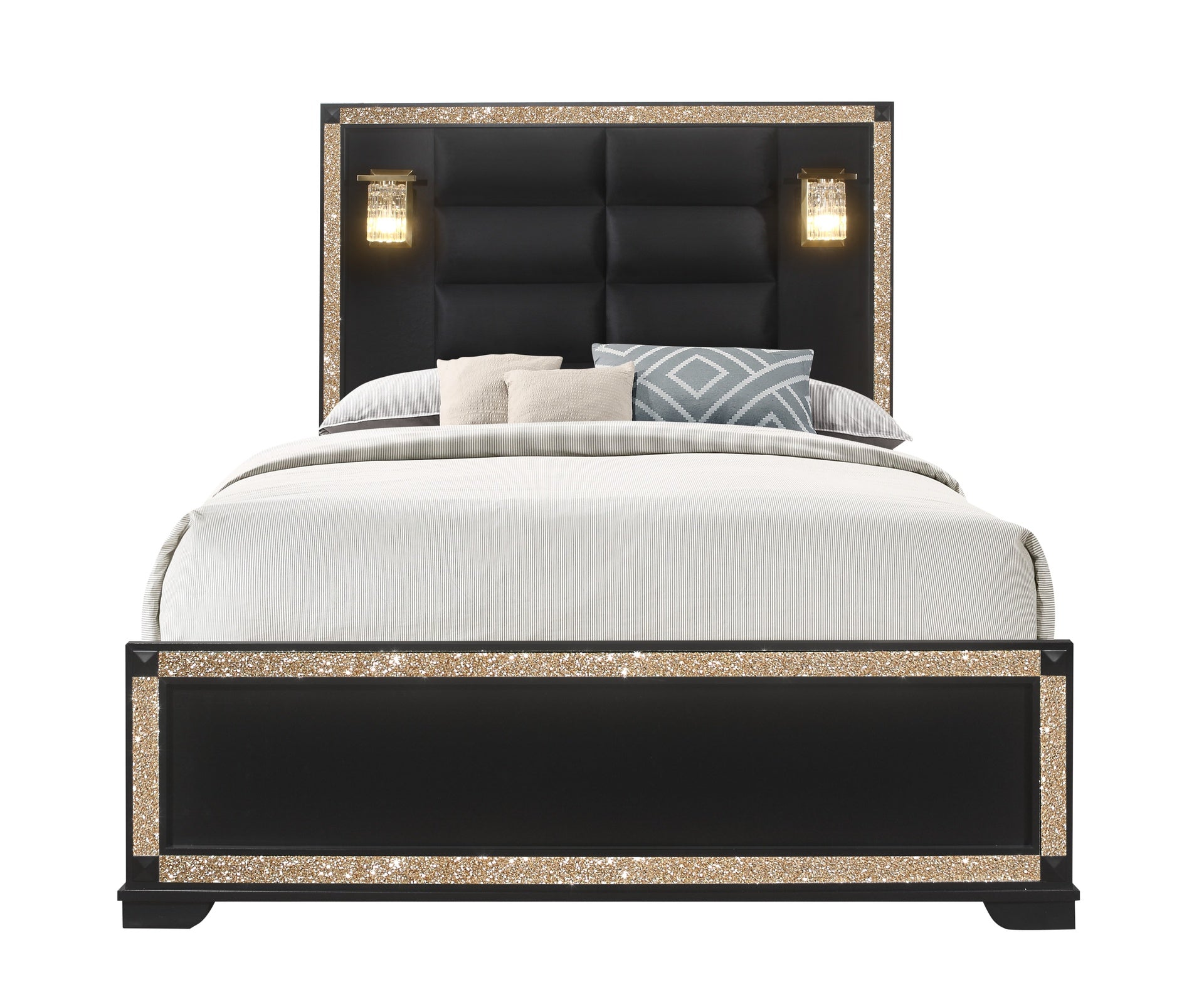 LIVELY BLACK/GOLD QUEEN BED WITH LAMPS