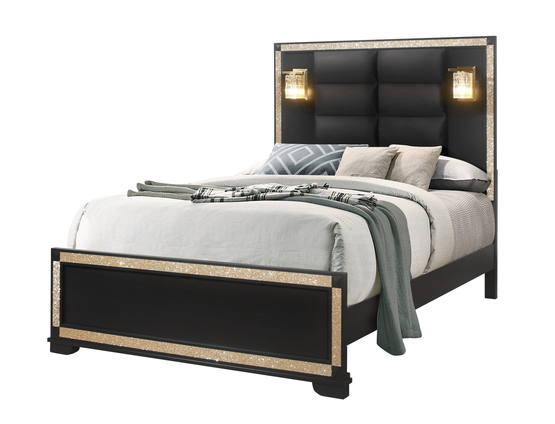 LIVELY BLACK/GOLD QUEEN BED WITH LAMPS