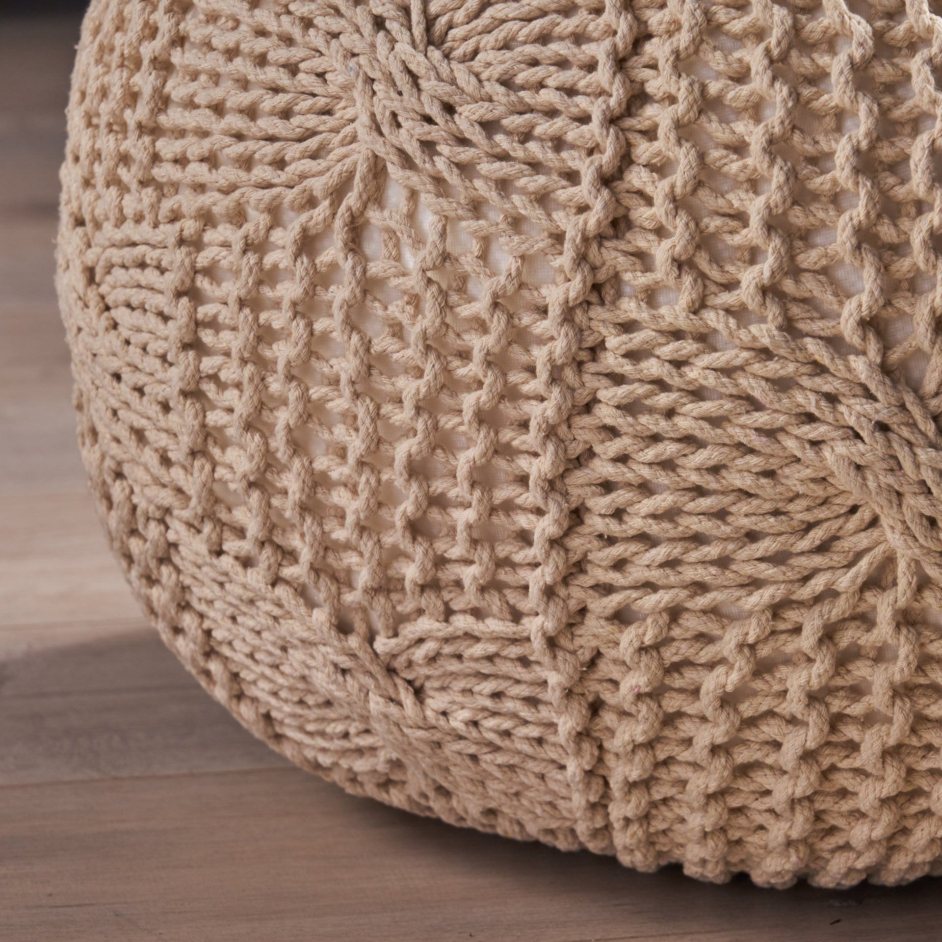 Bordeaux  Knitted Cotton Round Pouf, Beige
