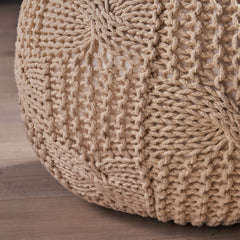 Bordeaux  Knitted Cotton Round Pouf, Beige