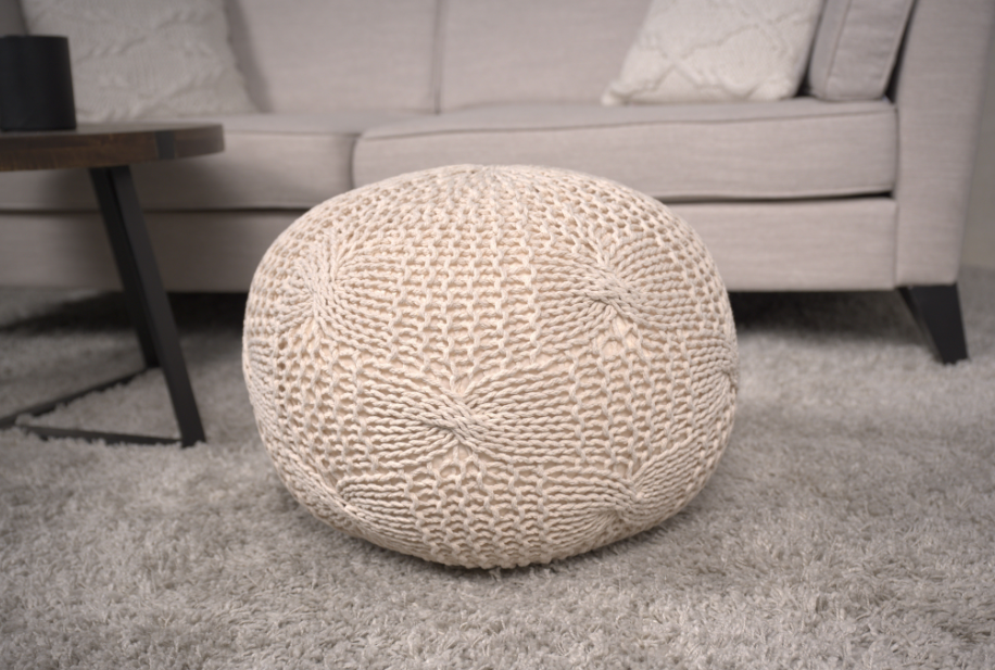 Bordeaux  Knitted Cotton Round Pouf, Beige