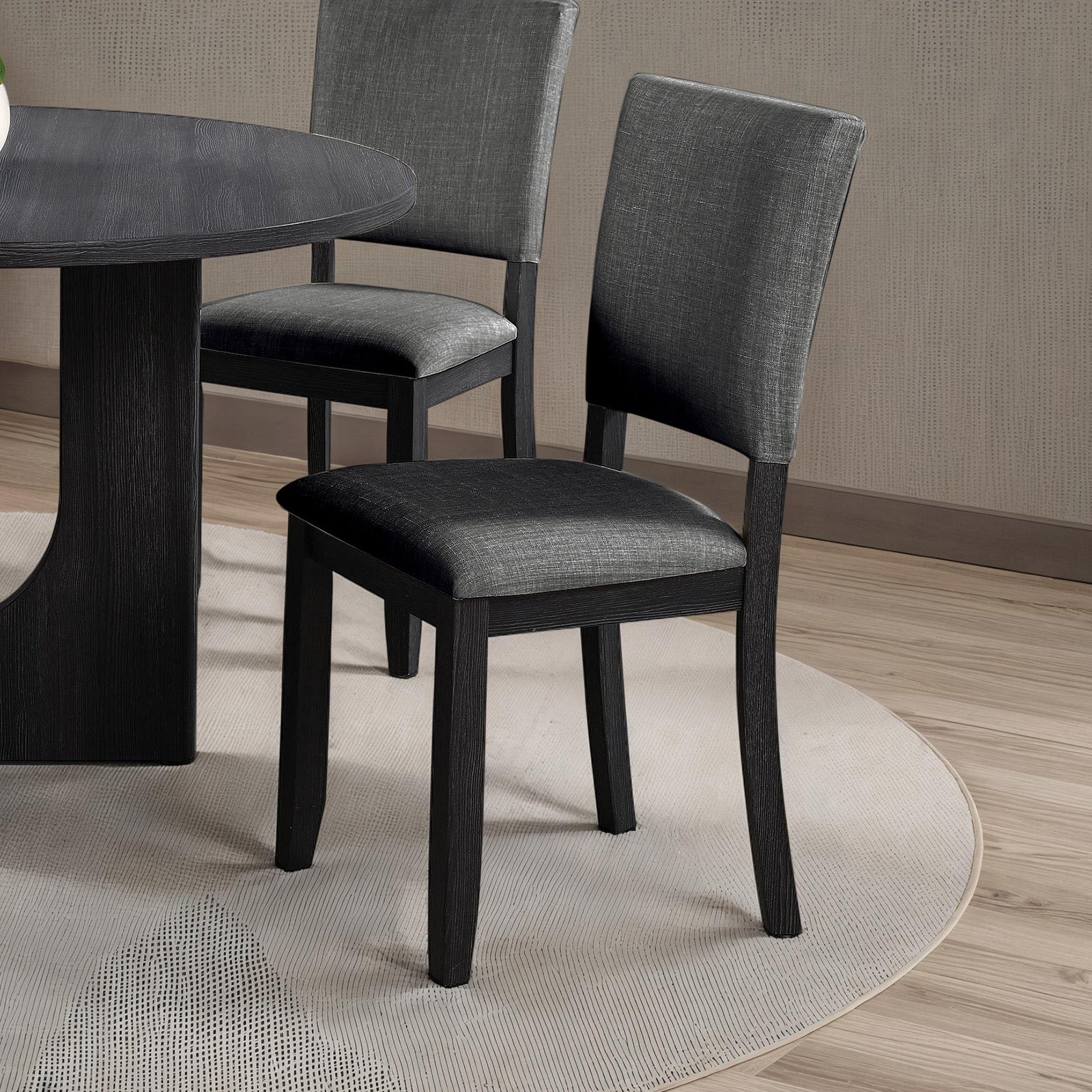 Contemporary Style 5pc Dining Set Kitchen Dinette Dark Gray Upholstered Fabric Chairs Round Table Pedestal Base Table 4x Side Chairs Dining Room