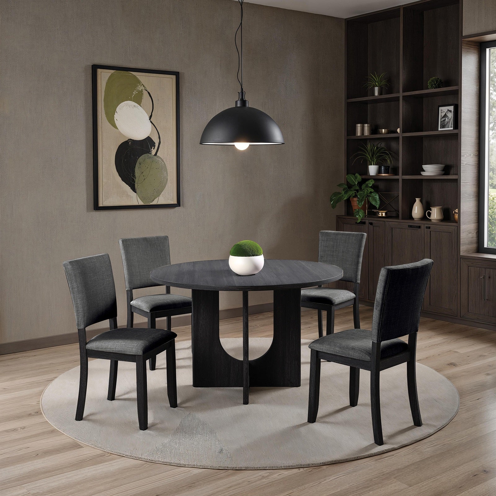 Contemporary Style 5pc Dining Set Kitchen Dinette Dark Gray Upholstered Fabric Chairs Round Table Pedestal Base Table 4x Side Chairs Dining Room