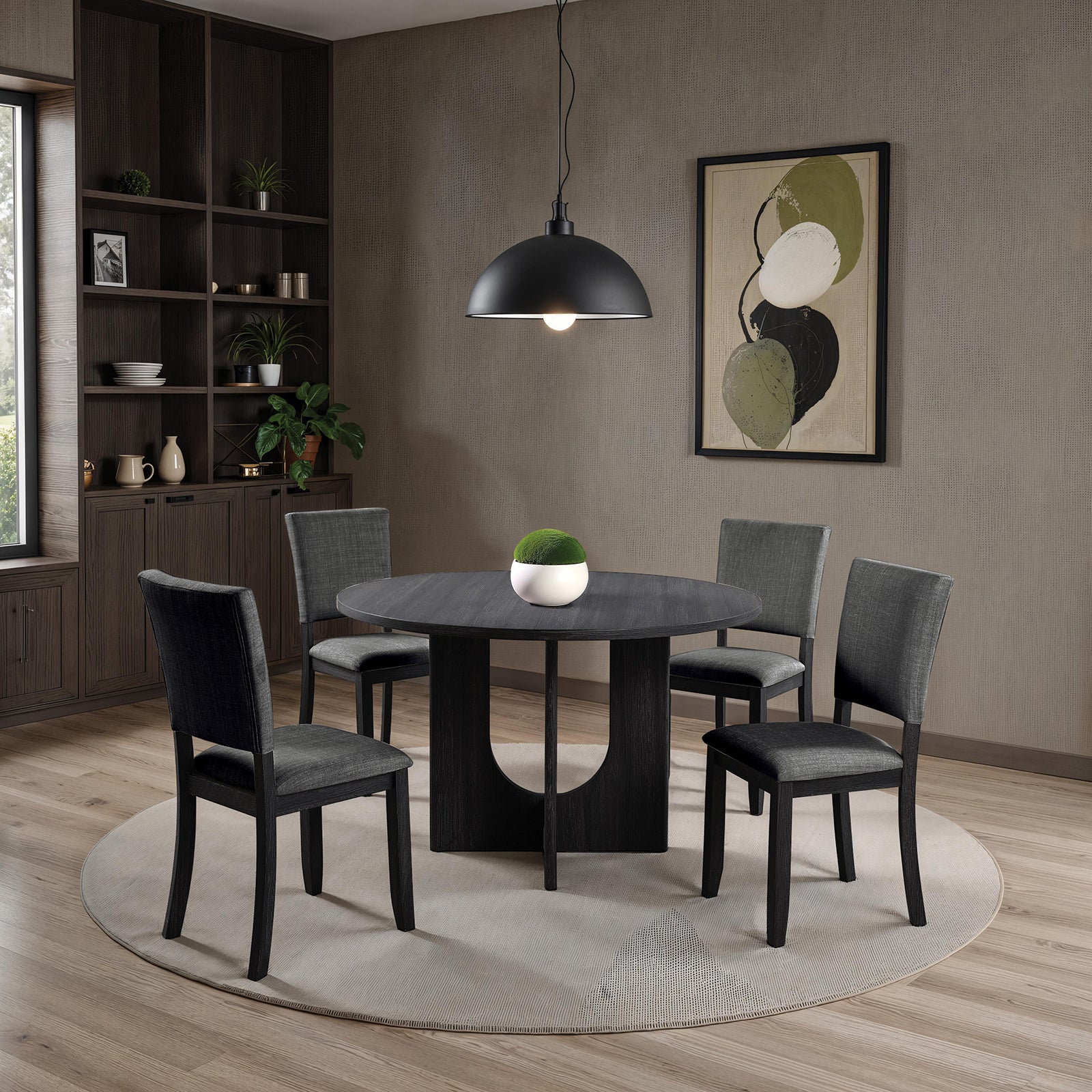 Contemporary Style 5pc Dining Set Kitchen Dinette Dark Gray Upholstered Fabric Chairs Round Table Pedestal Base Table 4x Side Chairs Dining Room