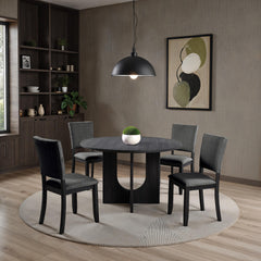 Contemporary Style 5pc Dining Set Kitchen Dinette Dark Gray Upholstered Fabric Chairs Round Table Pedestal Base Table 4x Side Chairs Dining Room