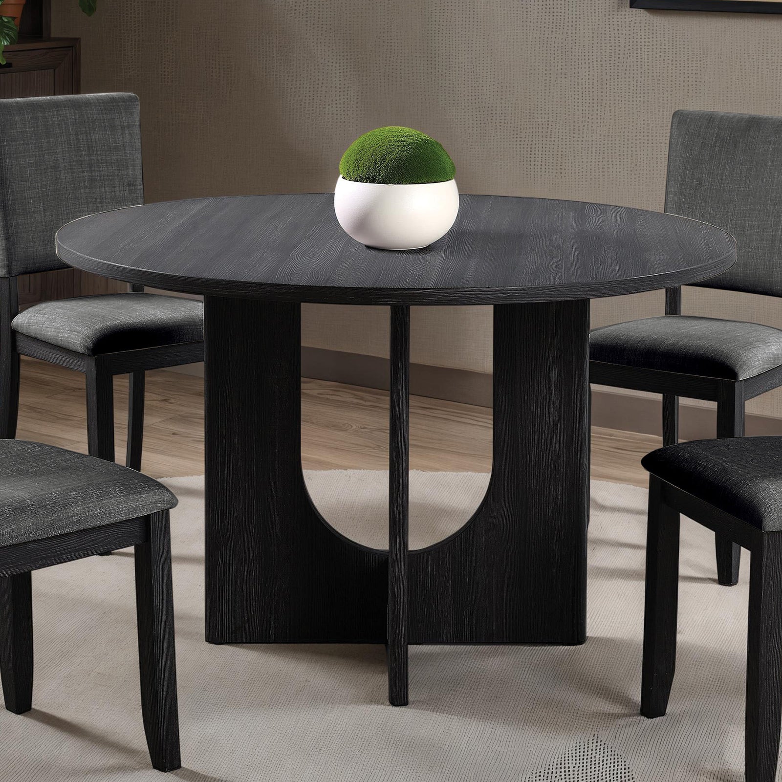 Contemporary Style 5pc Dining Set Kitchen Dinette Dark Gray Upholstered Fabric Chairs Round Table Pedestal Base Table 4x Side Chairs Dining Room