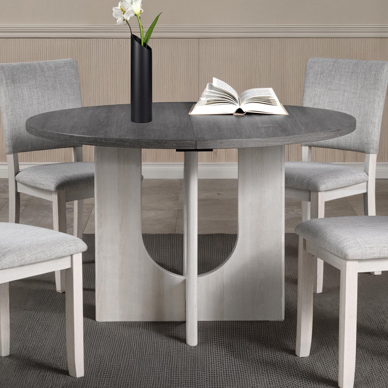 Contemporary Style 5pc Dining Set Kitchen Dinette Gray Upholstered Fabric Chairs Round Table Pedestal Base Table 4x Side Chairs Dining Room