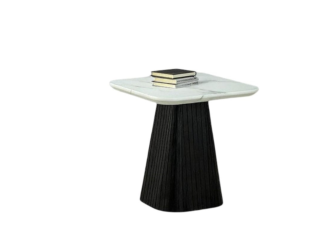 Contemporary Style Square End Table Faux Marble Soft Curved Edges Top Black Finish Primary Living Room