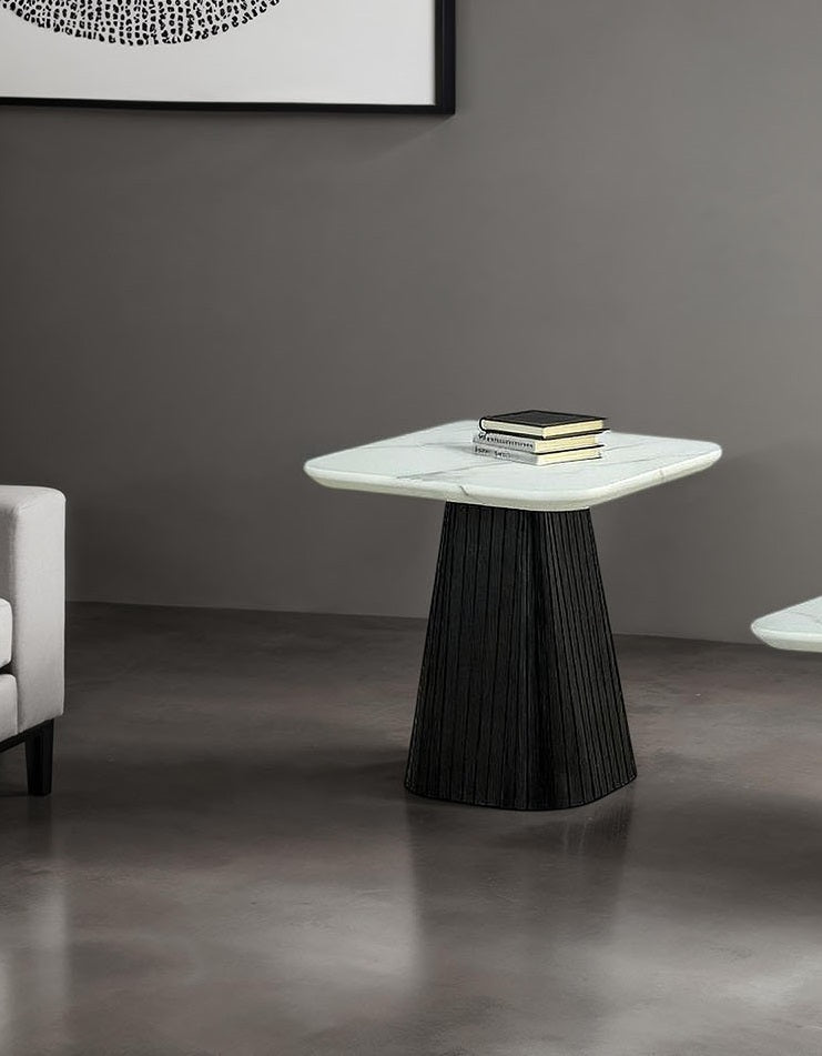Contemporary Style Square End Table Faux Marble Soft Curved Edges Top Black Finish Primary Living Room