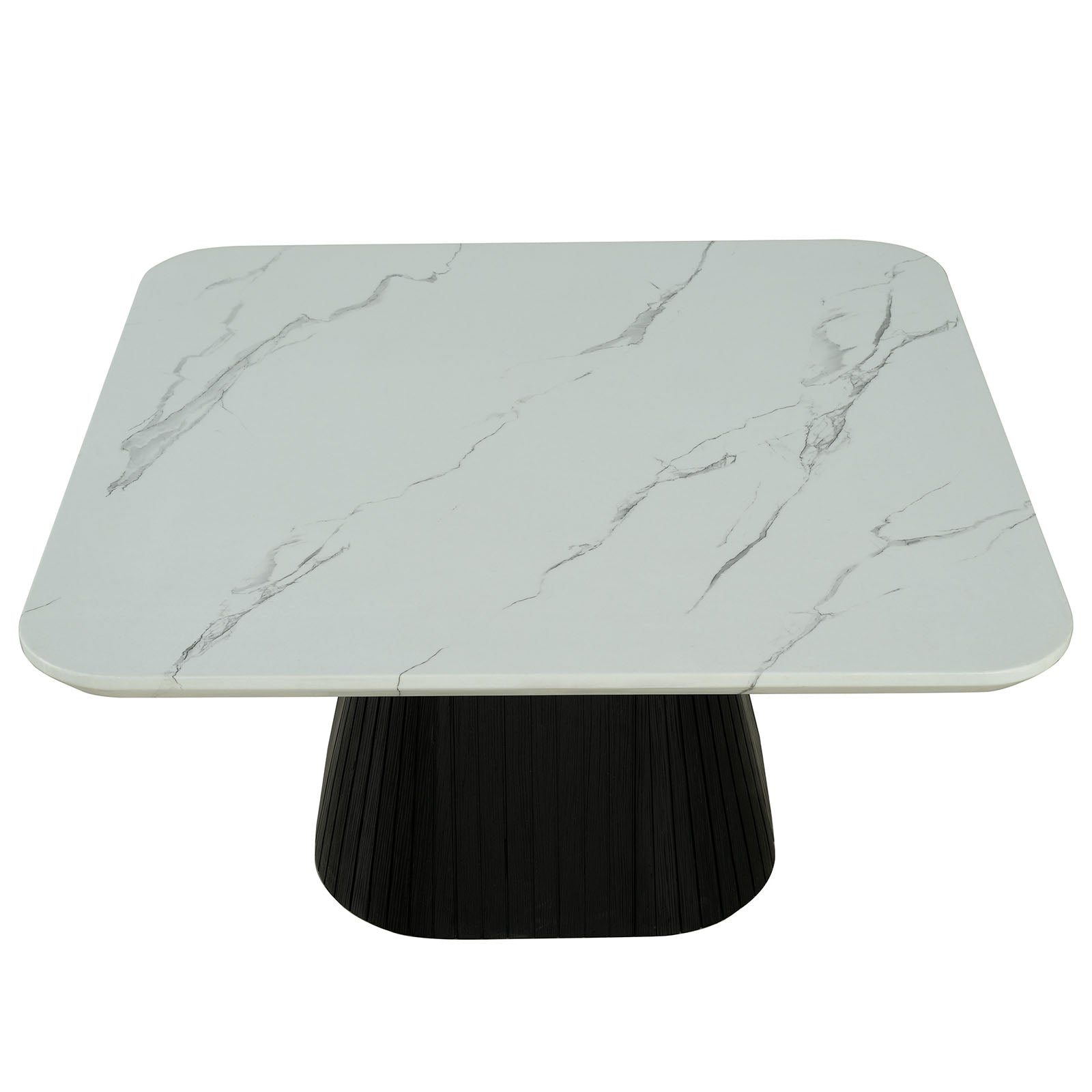 Contemporary Style Square Coffee Table Faux Marble Top Reeded Drum Base Black Finish Primary Living Room