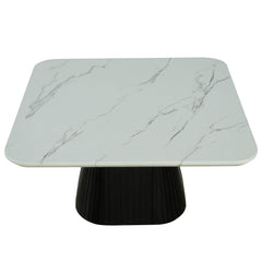 Contemporary Style Square Coffee Table Faux Marble Top Reeded Drum Base Black Finish Primary Living Room