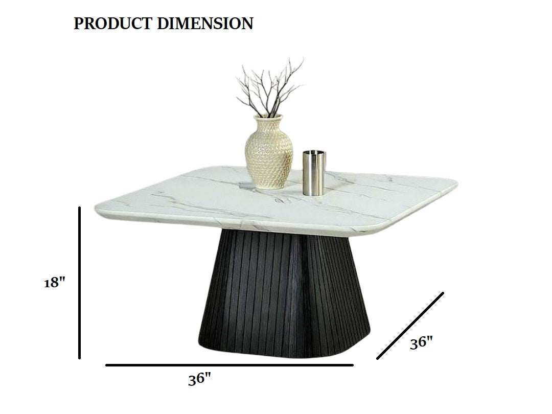 Contemporary Style Square Coffee Table Faux Marble Top Reeded Drum Base Black Finish Primary Living Room