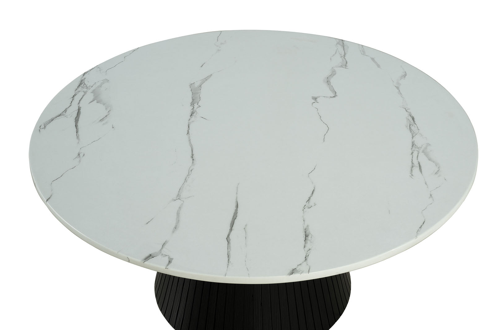 Contemporary Style Round Cocktail Table Faux Marble Top Reeded Drum Base Black Finish Primary Living Room