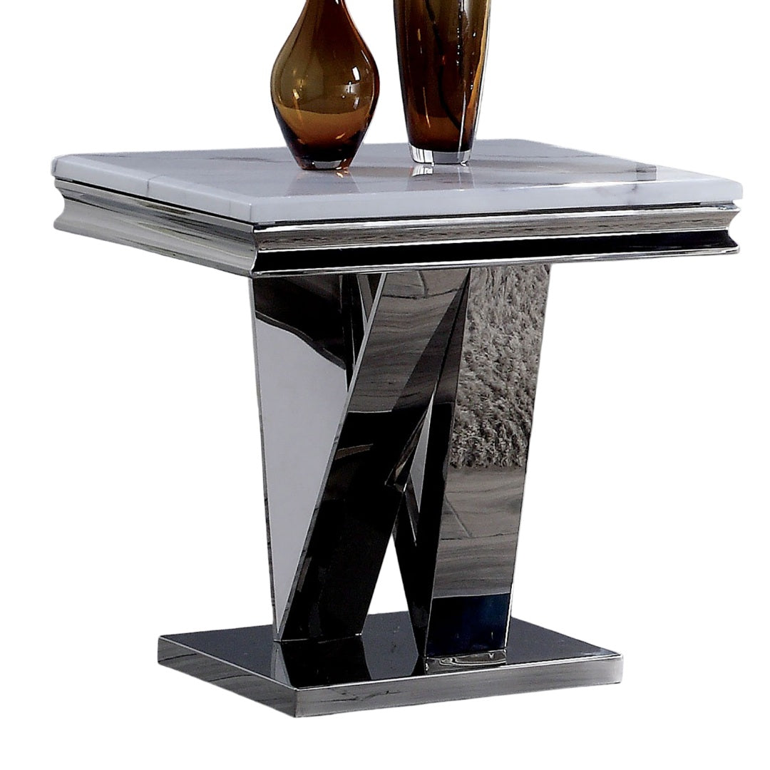 1pc End Table Modern Glam Style 18mm Faux Marble On Top Rectangular V-Shape Pedestal Base Stainless Steel Metal Structure Chroma Finish Coffee Table-Not Included