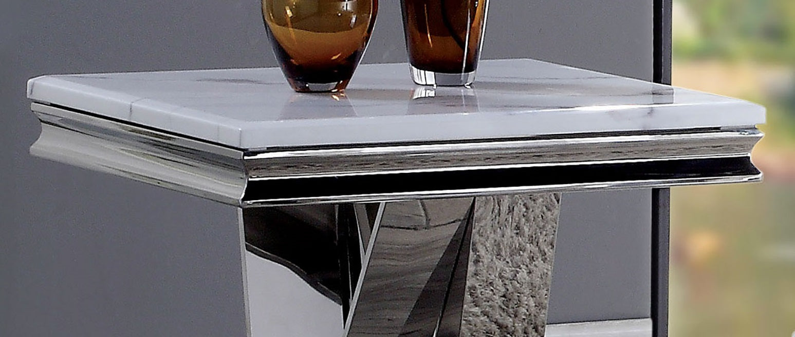 1pc End Table Modern Glam Style 18mm Faux Marble On Top Rectangular V-Shape Pedestal Base Stainless Steel Metal Structure Chroma Finish Coffee Table-Not Included