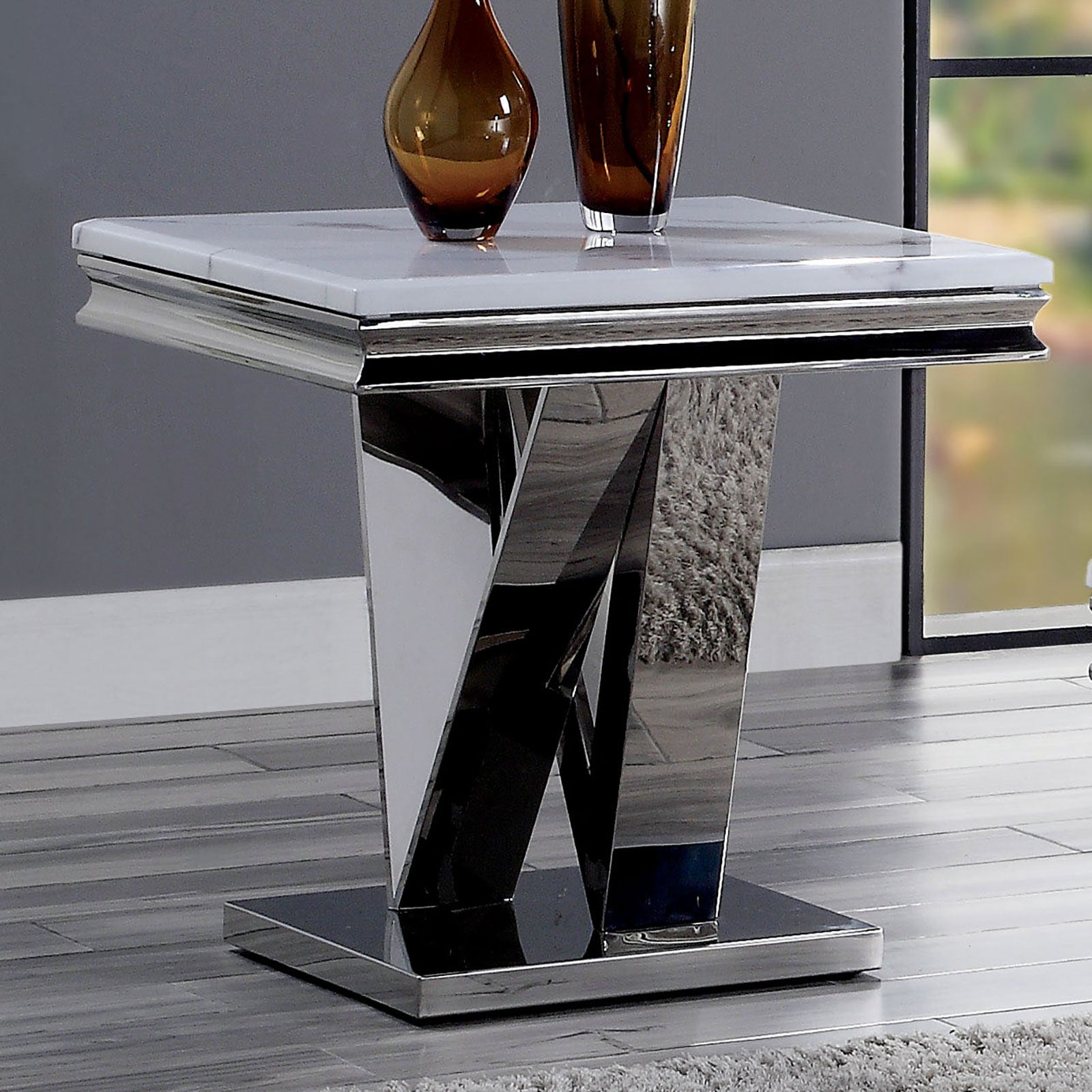 1pc End Table Modern Glam Style 18mm Faux Marble On Top Rectangular V-Shape Pedestal Base Stainless Steel Metal Structure Chroma Finish Coffee Table-Not Included