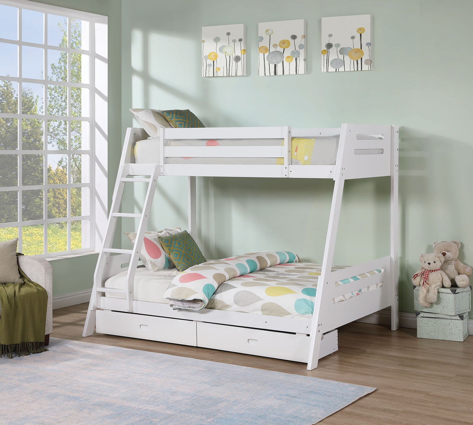 Transitional Bunk Bed White Finishing And Underbed Drawers Angled Ladder