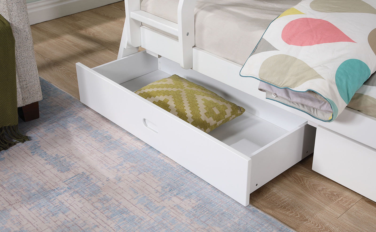 Transitional Bunk Bed White Finishing And Underbed Drawers Angled Ladder