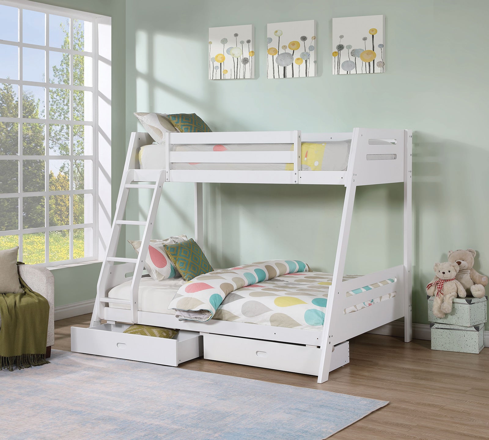 Transitional Bunk Bed White Finishing And Underbed Drawers Angled Ladder