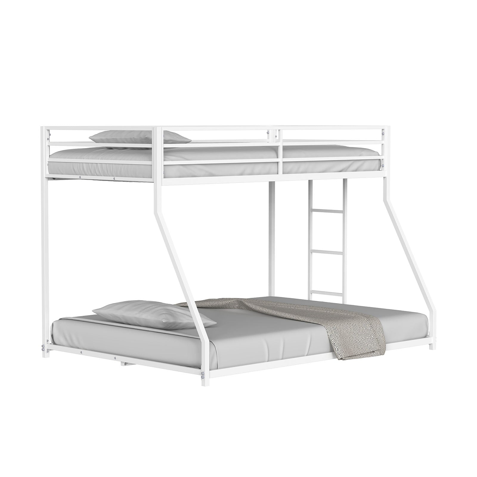 Twin Over Full Metal Low Bunk Bed Mattress Ready Matte White Finish Attached Ladder Full Metal Construction Bedroom Furniture