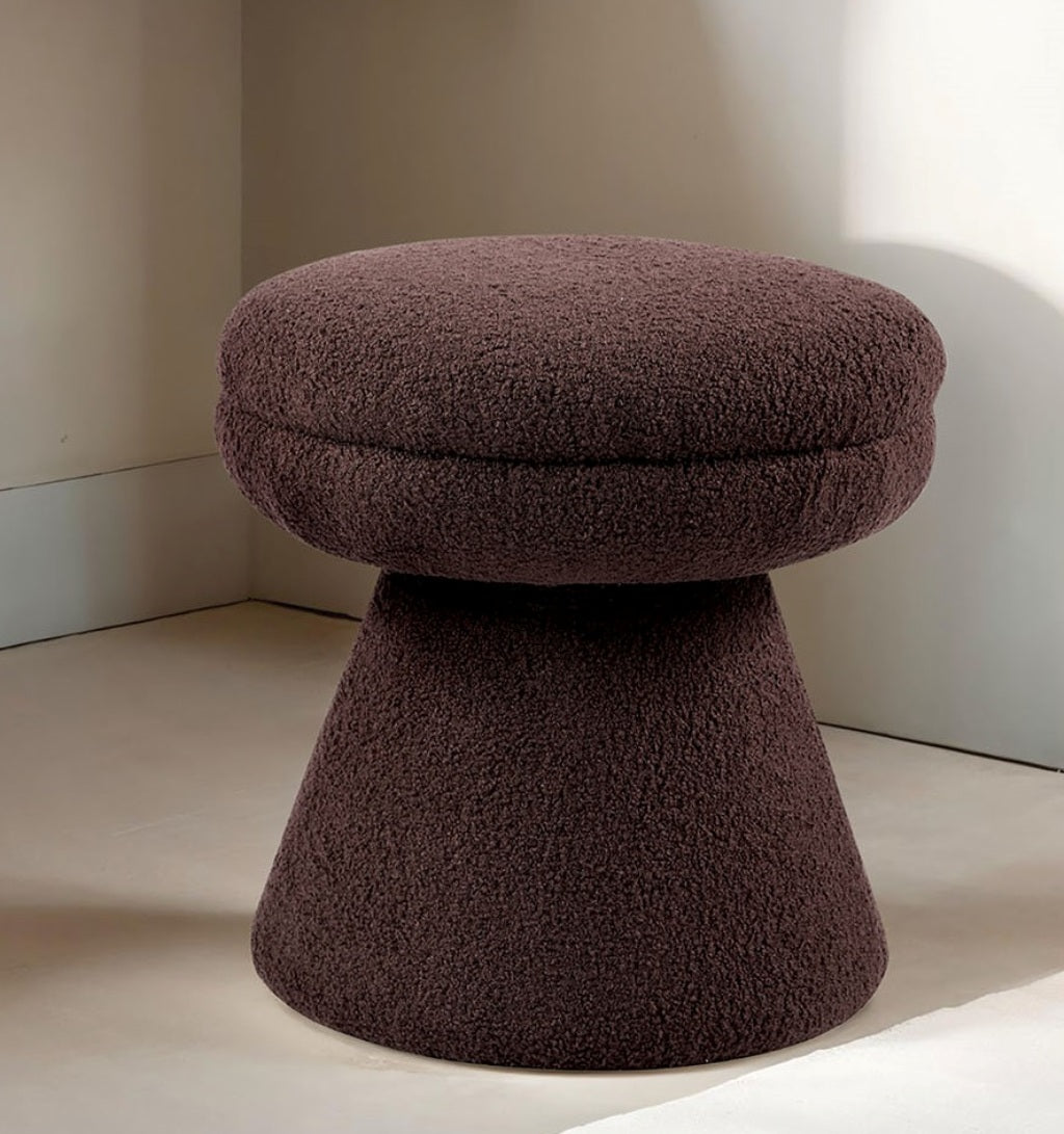 Brown Finish 1pc Round Top Accent Stool Teddy Fabric Pedestal Base Mushroom Shape Design Contemporary Primary Living Room