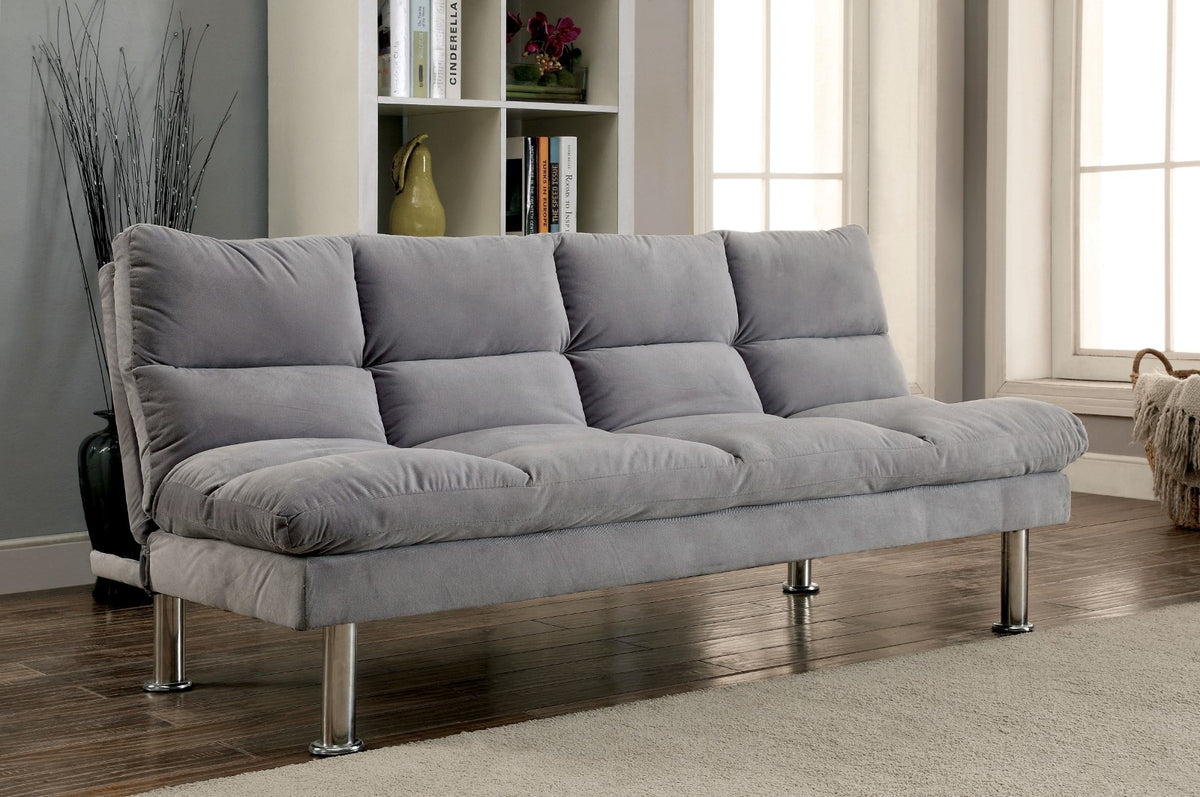 Contemporary Style Futon Sofa Chrome Finish Legs Convert Into Bed With Extra Support Legs Primary Living Gray Finish