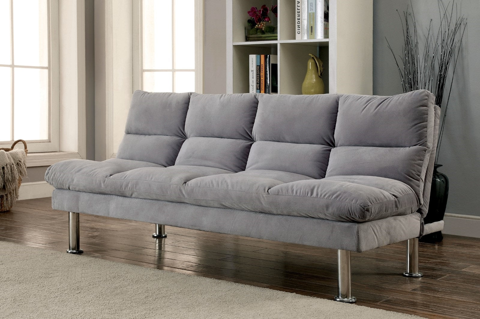 Contemporary Style Futon Sofa Chrome Finish Legs Convert Into Bed With Extra Support Legs Primary Living Gray Finish