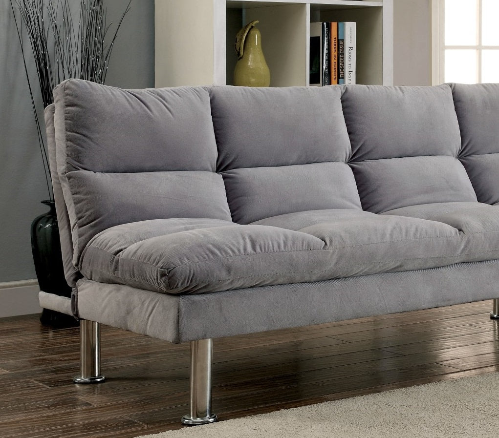 Contemporary Style Futon Sofa Chrome Finish Legs Convert Into Bed With Extra Support Legs Primary Living Gray Finish