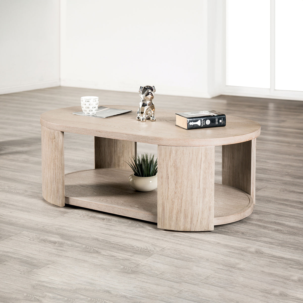 Modern Style 1pc Oval Coffee Table With Attached Casters Rubberwood Structure Open storage Oak Finish