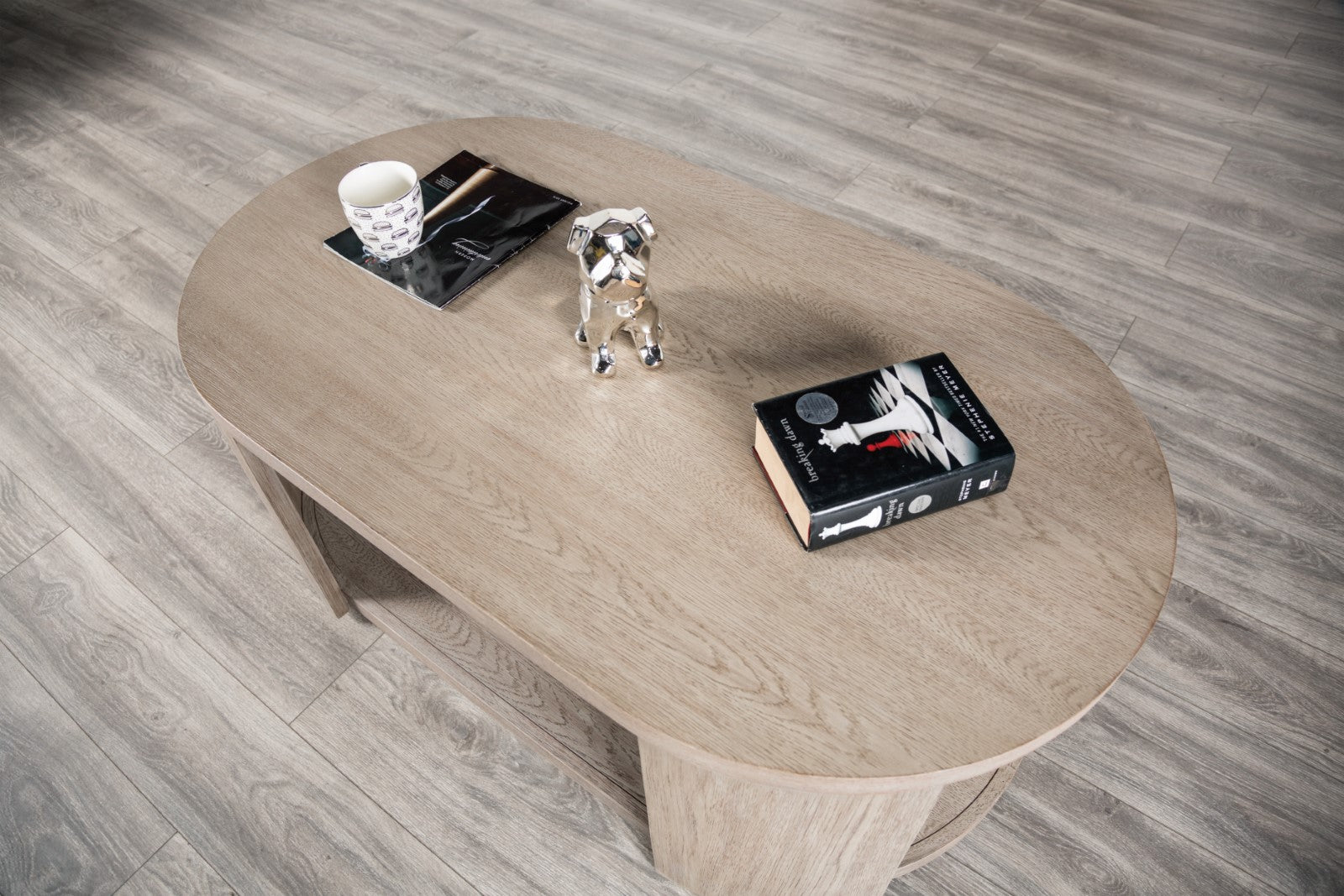 Modern Style 1pc Oval Coffee Table With Attached Casters Rubberwood Structure Open storage Oak Finish