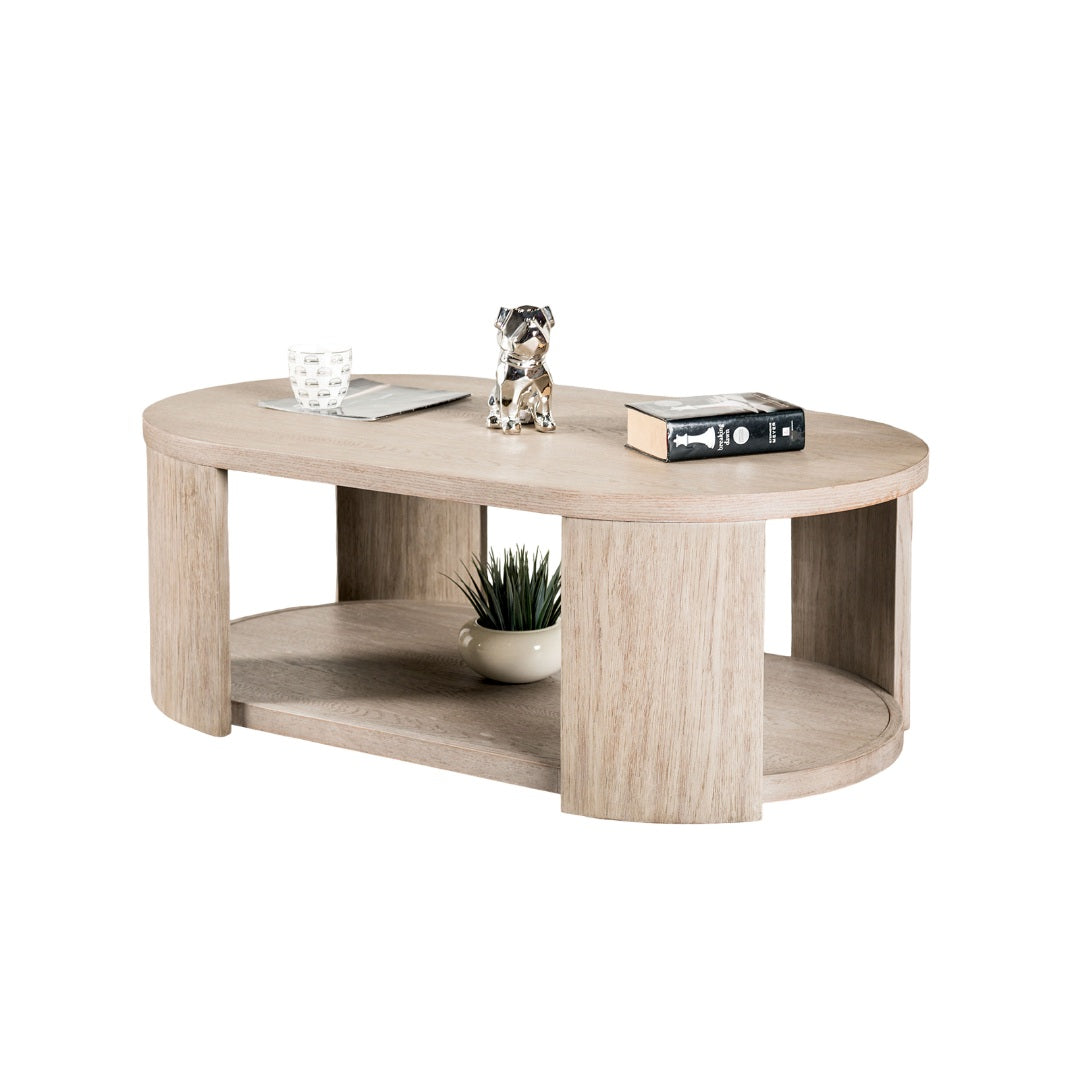 Modern Style 1pc Oval Coffee Table With Attached Casters Rubberwood Structure Open storage Oak Finish