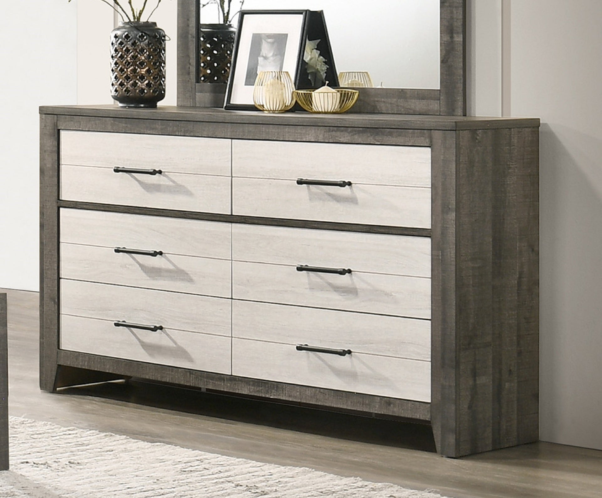 1pc Dresser Two-tone Finish Convenient Bedside Storage Six Drawers Metal Pull Handle Gray Beige