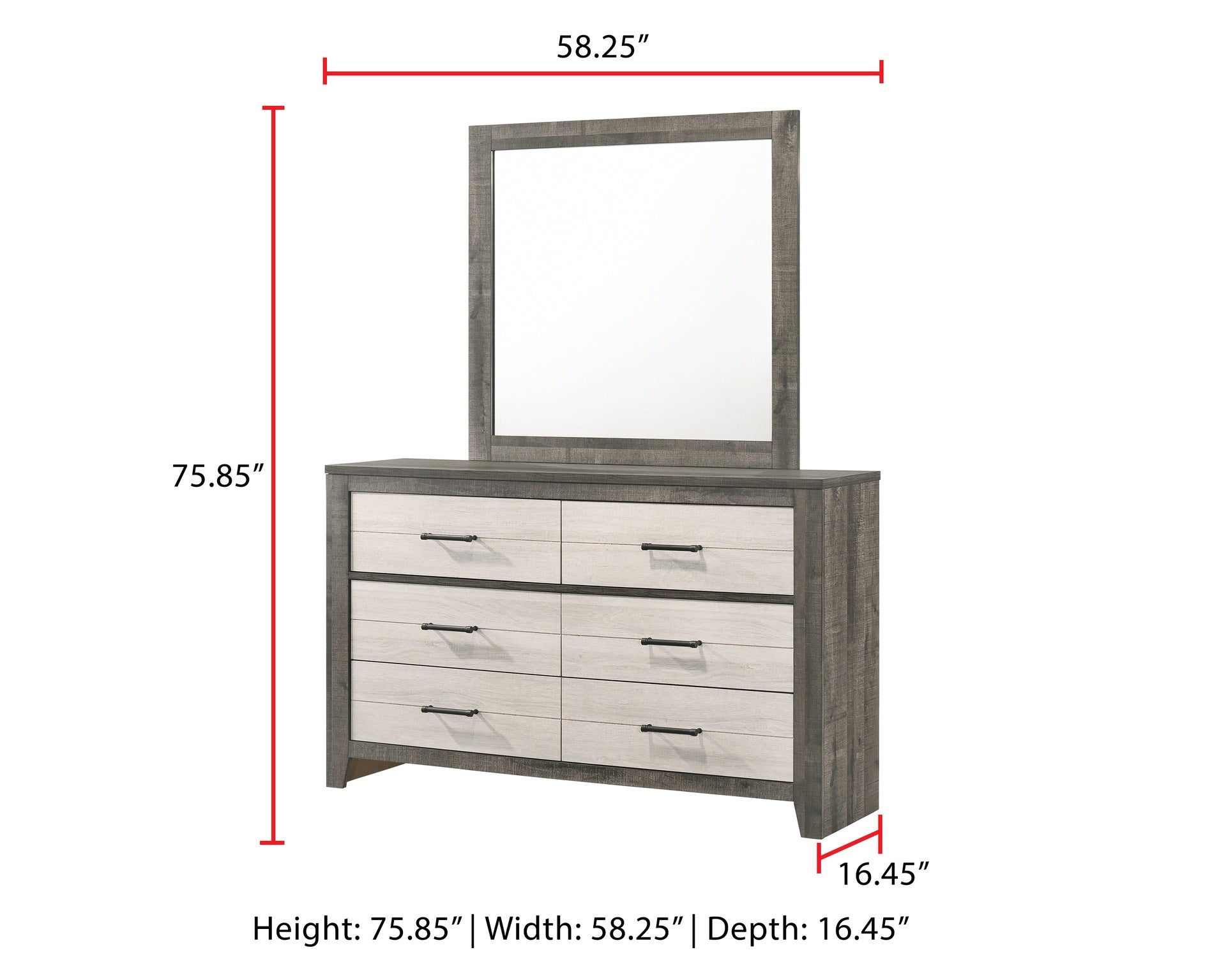 1pc Dresser Two-tone Finish Convenient Bedside Storage Six Drawers Metal Pull Handle Gray Beige