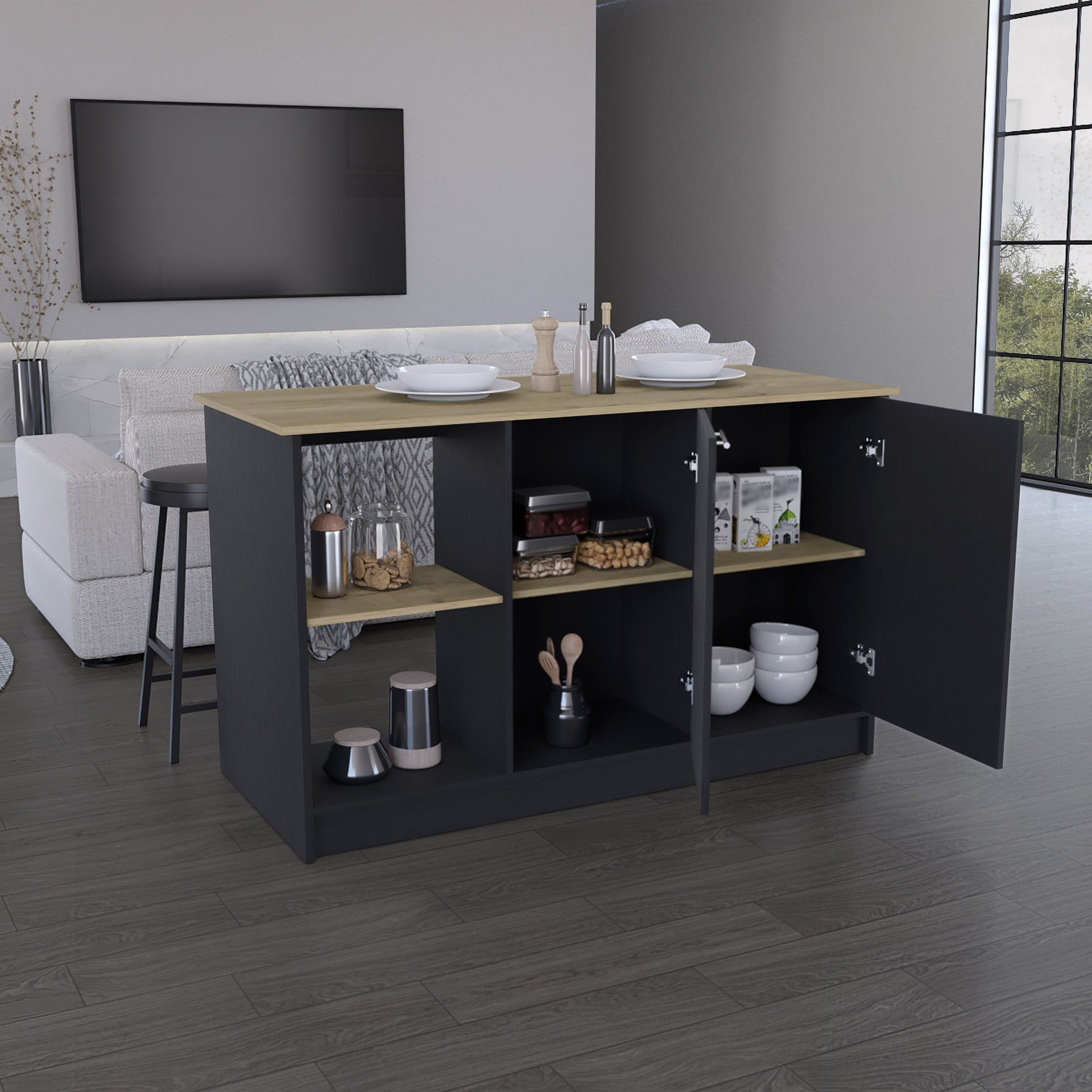 Kitchen Island with Large Countertop, Open Storage Shelves and Double Door Cabinet, Black / Macadamia