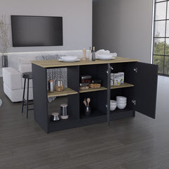 Kitchen Island with Large Countertop, Open Storage Shelves and Double Door Cabinet, Black / Macadamia