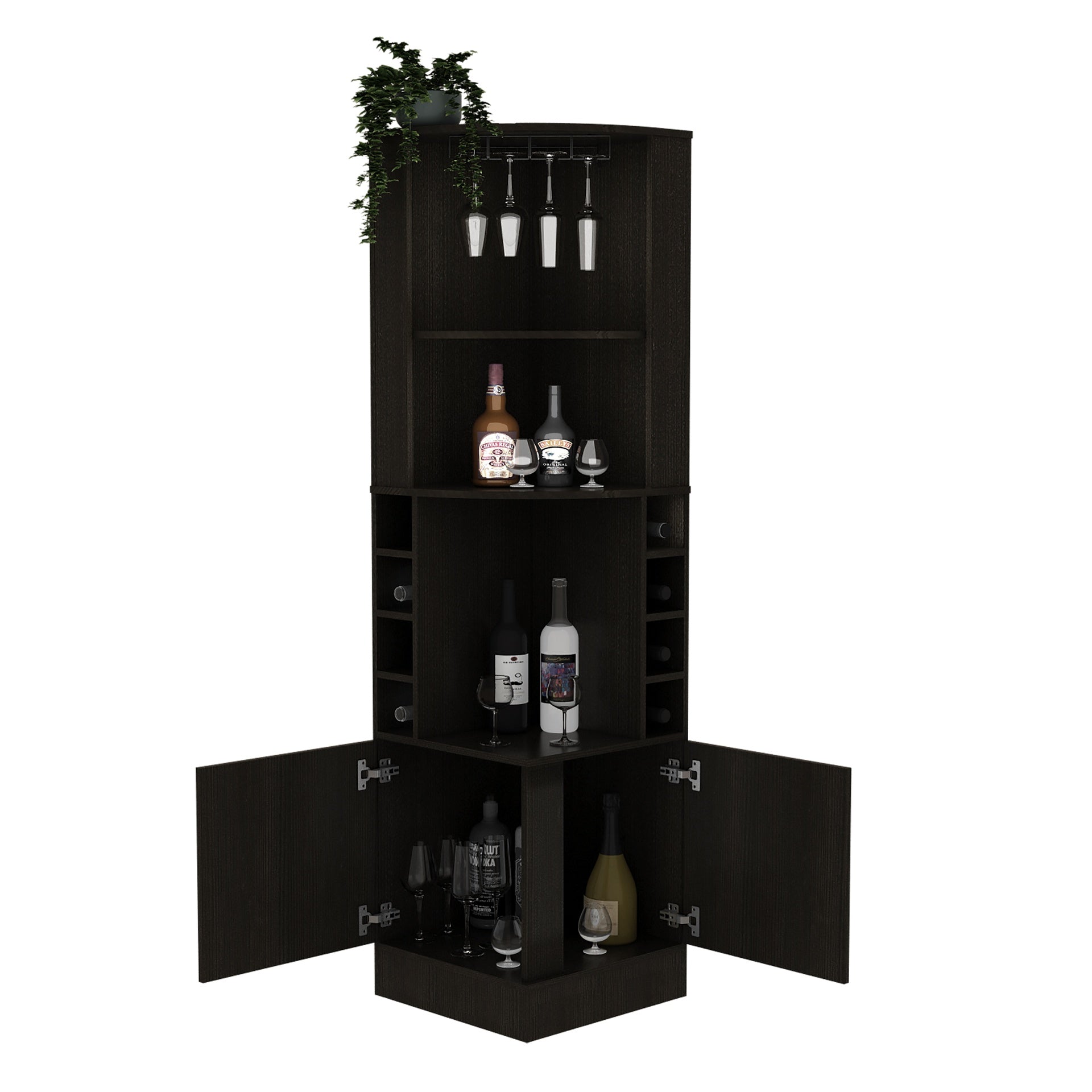 Corner bar cabinet 71" H, with two shelves at the top, 1 glass holder, 8 exterior bottle racks, 1 central shelf and a lower drawer with 2 side doors, black