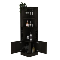 Corner bar cabinet 71" H, with two shelves at the top, 1 glass holder, 8 exterior bottle racks, 1 central shelf and a lower drawer with 2 side doors, black