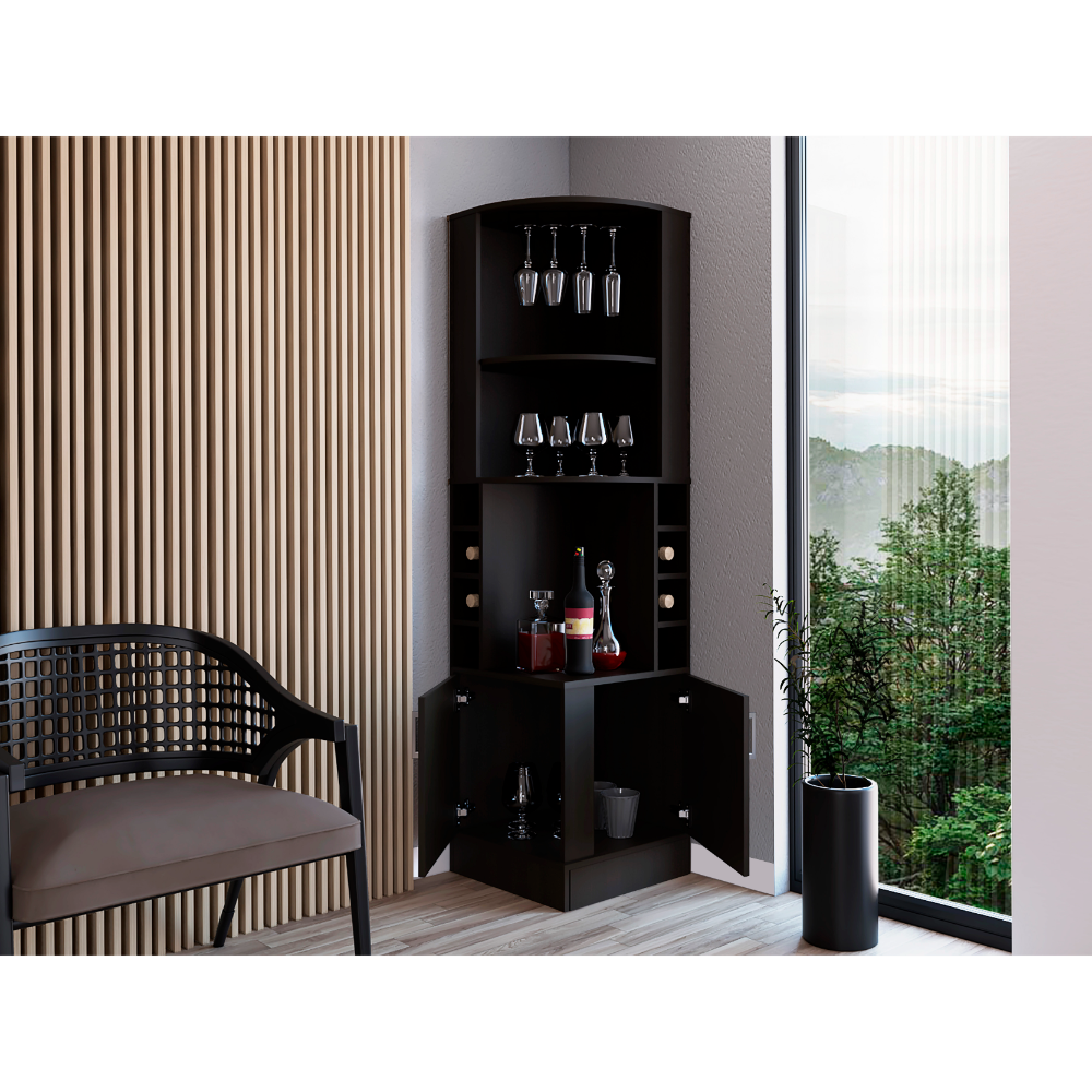Corner bar cabinet 71" H, with two shelves at the top, 1 glass holder, 8 exterior bottle racks, 1 central shelf and a lower drawer with 2 side doors, black