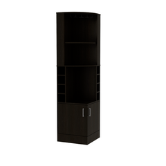 Corner bar cabinet 71" H, with two shelves at the top, 1 glass holder, 8 exterior bottle racks, 1 central shelf and a lower drawer with 2 side doors, black