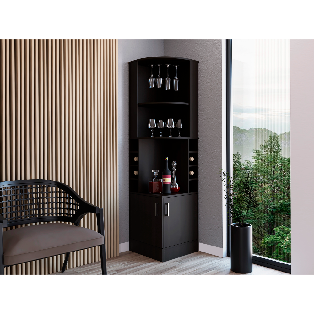 Corner bar cabinet 71" H, with two shelves at the top, 1 glass holder, 8 exterior bottle racks, 1 central shelf and a lower drawer with 2 side doors, black